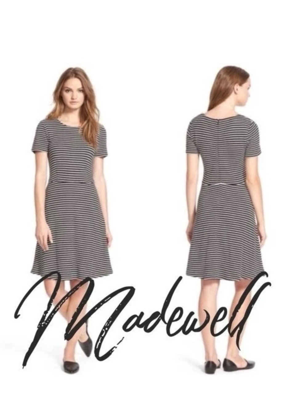 Madewell Black & White Striped Short-Sleeve Fit-and-Flare Dress
